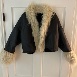 Boohoo Faux Leather Shearling Trim Jacket Black Cropped Coat US 10 UK 14